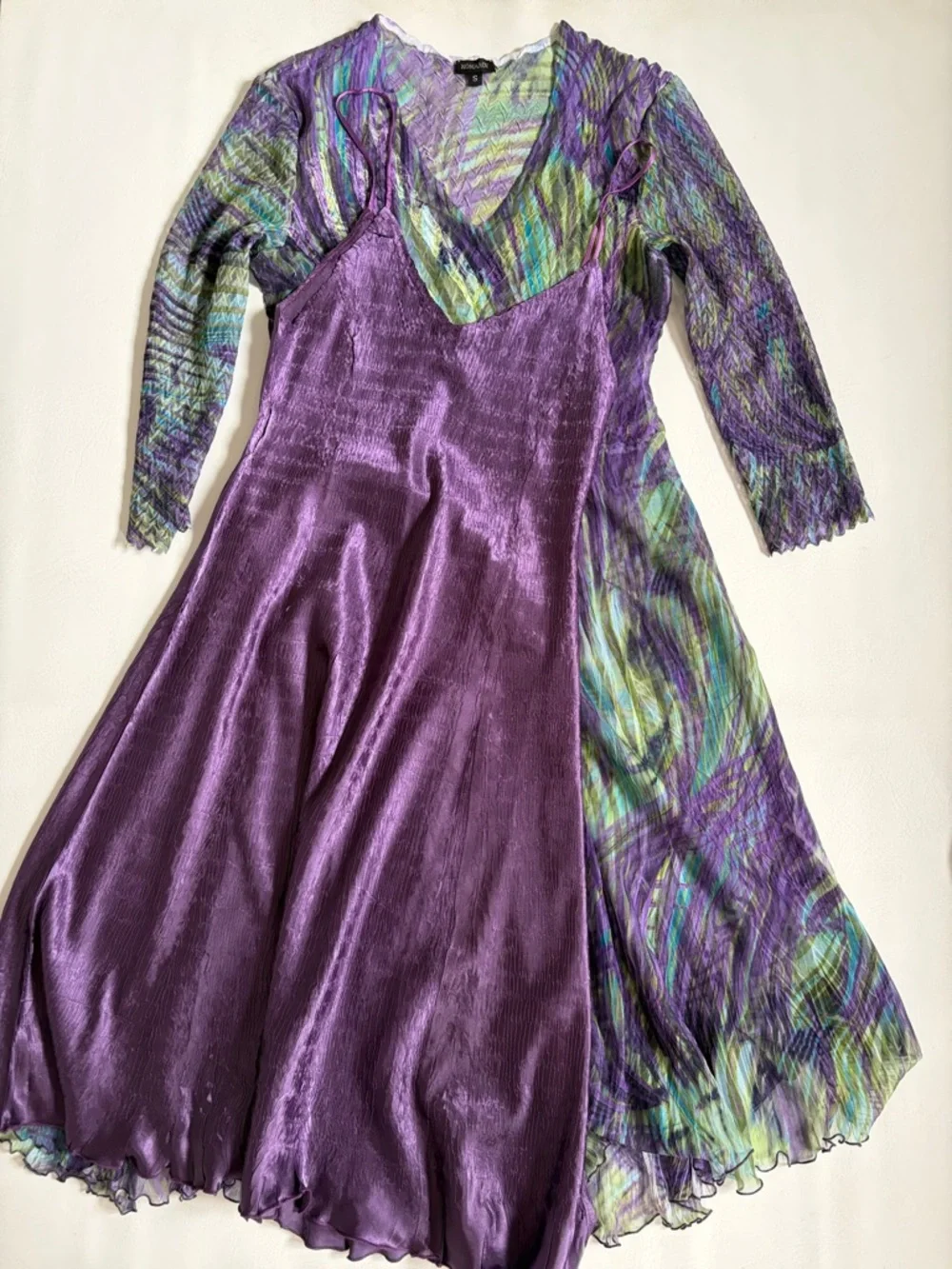Komarov Part Dress Midi 3/4 Sleeve Charmeuse Dress Purple Green size Small - Picture 15 of 16